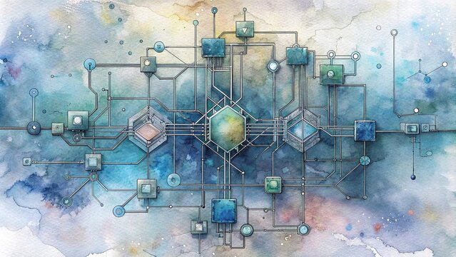 Intricate network of electronic circuits depicted in a watercolor style , technology, development, electrical engineering, innovation, connection, complexity, digital, electronics, computer