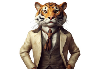 serious and confident tiger human body wearing beige suit jacket brown vest background