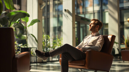 Poster - businessman or entrepreneur sitting in modern office waiting for a meeting with CEO to raise funding for the startup 