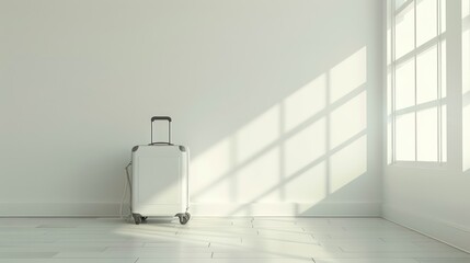 Wall Mural - A white suitcase in an empty room with soft natural light, providing a serene backdrop for adding text or graphics 