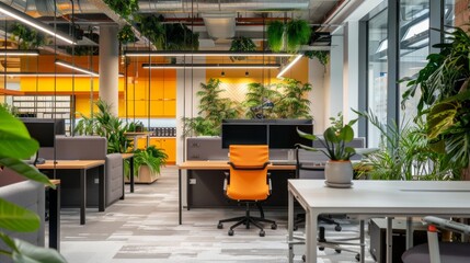 Wall Mural - A modern open-plan office space filled with vibrant green plants, featuring ergonomic furniture and large windows allowing abundant natural light
