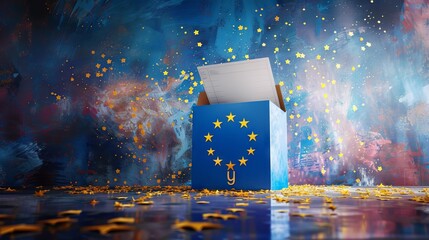 Wall Mural - European Union elections concept image background , ballot box with EU flag colors and stars and ballot paper