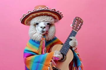 alpaca wearing Mexican clothes and sombrero hat playing the guitar isolated on pastel background. Cinko de mayo holiday
