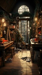 Wall Mural - Christmas decoration in an old wooden house with Christmas tree and decorations.