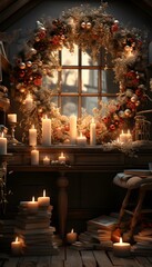 Wall Mural - 3d illustration of christmas wreath with candles in the window