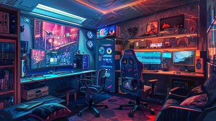 Wall Mural - Futuristic Gaming Room Illustration Design: A Conceptual Blend of Technology and Fun