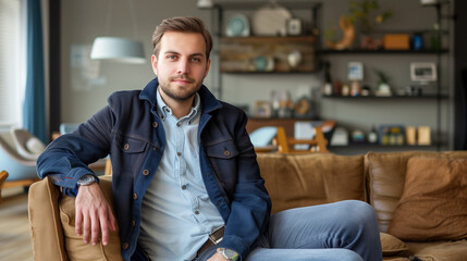 Poster - portrait of a businessman or entrepreneur sitting in modern office waiting for a meeting with CEO to raise funding for the startup 