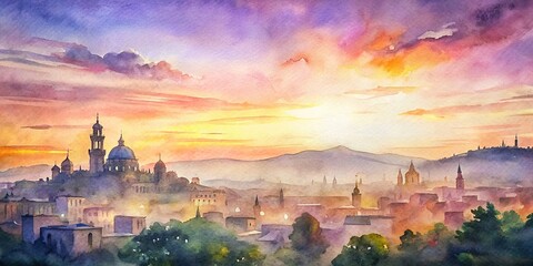 Wall Mural - Cityscape at sunset in watercolor style, cityscape, sunset, watercolor, city, buildings, urban, skyline, dusk, evening, architecture, horizon, sky, clouds, colorful, art, painting