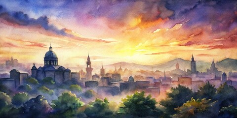 Wall Mural - Cityscape at sunset painted with Generative watercolors, city, sunset, skyline, buildings, architecture, evening, urban, dusk, city lights, colorful, watercolor, art, painting, abstract