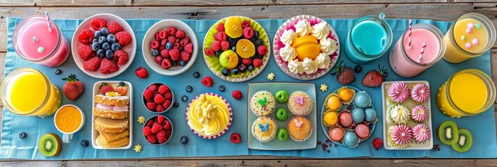 an inviting spread featuring colorful smoothies, vibrant fruits, an array of cakes, pastries, and do