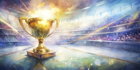 Wall Mural - Golden cup photographed in a football stadium with light effects in the background , sports, trophy, victory, championship, competition, award, winning, success, soccer, stadium, celebration