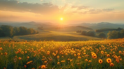A breathtaking sunrise view over a sprawling field of sunflowers with rolling hills and a beautiful sky that gives off a warm golden glow creating a tranquil and picturesque scene