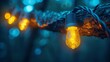 © aicandy - Close-up photograph of a string of warm yellow decorative outdoor lights glowing and wrapped around a tree branch with a blurred forest background