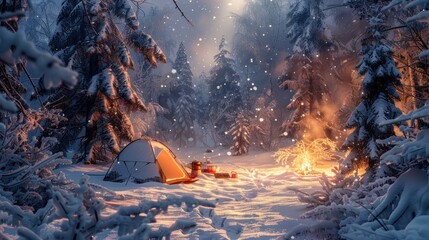 A small group of tents is positioned around a large, crackling campfire in the snowy forest.