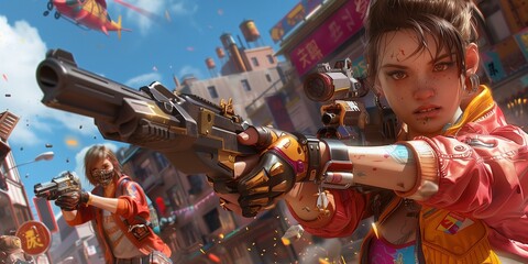 A Free Fire soldier woman holding a gun in front of a city, AI Generated