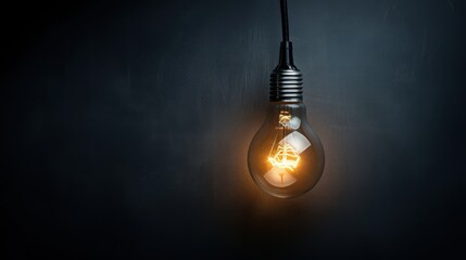 A single illuminated light bulb hanging against a dark background, creating a dramatic contrast and leaving space for copy 