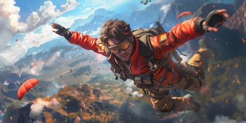 In Free Fire, a man flying through the air while riding a parachute, AI-generated