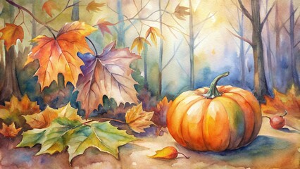 Wall Mural - Watercolor painting of autumn leaves and a pumpkin in a forest setting , Autumn, Fall, Leaves, Pumpkin, Forest, Watercolor, Nature, Season, Art, Painting, Orange, Yellow, Brown, Foliage