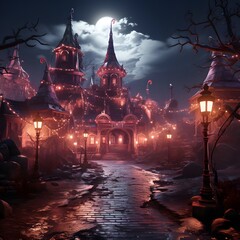 Wall Mural - Fantasy night scene with castle and moon, 3d illustration.
