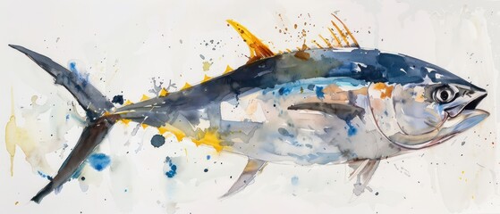 Wall Mural - yellow fin tuna watercolored illustration with artistic expressive strokes isolated on a light background