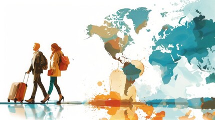 A couple with suitcases walking in front of a watercolor world map.