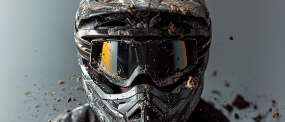 Wall Mural - adventure motorcycle dirty helmet with golden mx goggles in a grey studio background