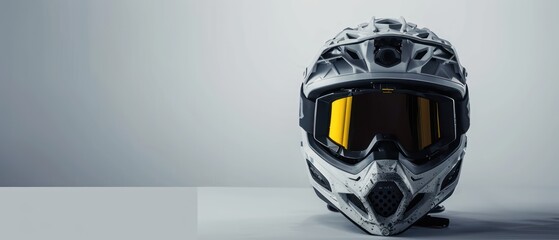 Wall Mural - adventure motorcycle helmet with mx goggles in a grey studio background