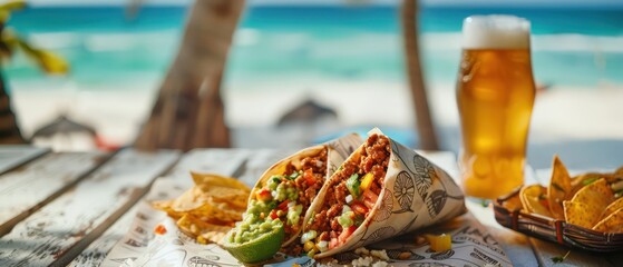 mexican burrito cut in half  on a restaurant table, beach scenario and a blurred background, realistic and professional 