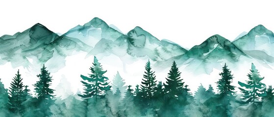 illustrated watercolored green landscape with simple composition and white background
