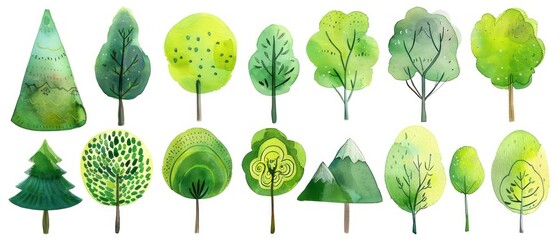 illustrated watercolored assortment of green trees on a white background