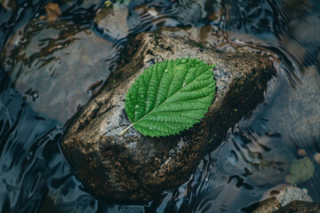 Wall Mural - A top down view of a green leaf on a rock in a river 