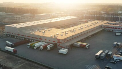 Wall Mural - Aerial view of a logistics park with warehouses and many semitrucks with cargo trailers standing at the ramps for loading and unloading goods at sunset