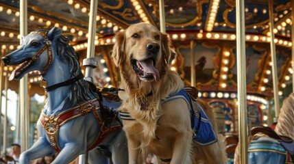 During a thrilling theme park visit a Golden retriever and blue Maine Coon ride the carousel