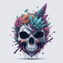 Ancient skull with colorful flowers, demonic and honorable in war veteran's memory.