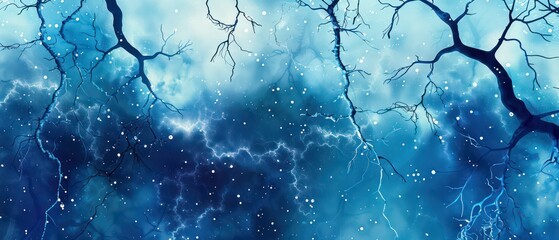 Wall Mural - blue wallpaper with neurons floating in deep liquid space