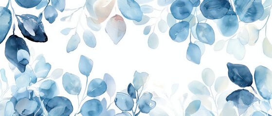 Wall Mural - wallpaper of watercolored pastel blue leaves border
