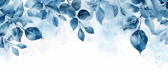 Wall Mural - wallpaper of watercolored pastel blue leaves border
