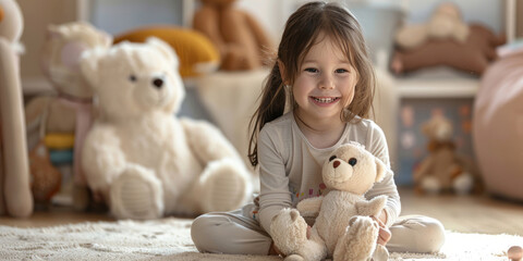 A cute little girl is playing with her stuffed animal in the children's room, smiling happily.