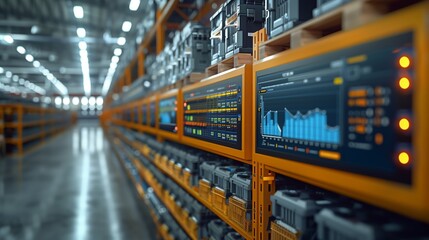 Poster - Warehouse with Digital Monitoring Systems. Modern warehouse with advanced digital monitoring systems displaying data on large screens, showcasing logistics and inventory management.