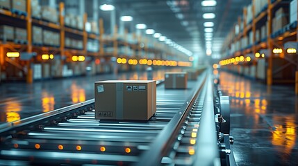Poster - Automated Conveyor Belt in Warehouse. Warehouse with automated conveyor belt transporting boxes, illustrating efficiency and technology in modern logistics and inventory systems.