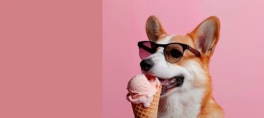 Sticker - Cute corgi dog in sunglasses eats ice cream on pastel pink background with copy space banner for summer vacation, travel and advertising concept