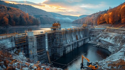 Wall Mural - Construction of New Hydroelectric Dam in Autumn. Hydroelectric dam under construction in a picturesque autumn setting, with scaffolding and machinery around the structure.