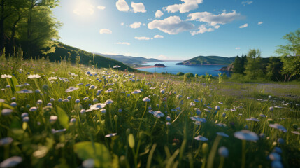 Beautiful spring summer natural landscape. Green meadow grass, white flowers, hills and lake or river on blue sky and clouds background on warm sunny day. Colorful bright pastoral nature wallpaper.