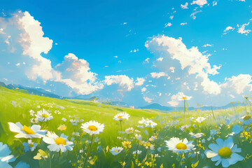 春の草原に咲くデイジーと青空の風景/Daisies Blooming in the Spring Meadow Under a Blue Sky/Gänseblümchen blühen auf der Frühlingswiese unter blauem Himmel