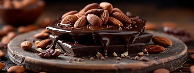 Wall Mural - Dark chocolate topped with rich melted chocolate with whole almonds on wooden tray. For recipe articles, cafe menu, sweet shop advertisements, food blogs. Bittersweet chocolate with almonds day