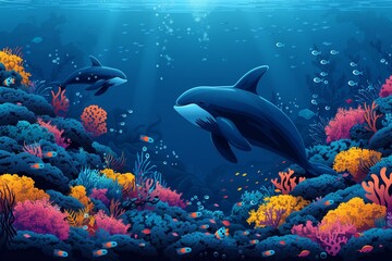 Wall Mural - Two blue whale swim in depths of ocean above multi colored algae and corals with small fish. Marine, ocean life and whale concept. World whale and dolphin day, world oceans day