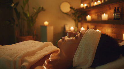  tranquil spa setting with a woman receiving a facial treatment, surrounded by softly lit candles and essential oils on a shelf