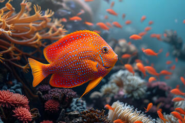 Wall Mural - Colorful fish among corals. Bright orange fish with blue dots swims among colorful corals with small orange fish. Underwater life in vibrant colors for marine themes design and educational materials