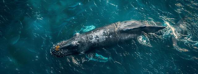 Wall Mural - Huge whale swims above surface of blue water. Whale has surface from depth and swimming through azure water. Top view, view from above. Banner with copy space. World whale and dolphin day