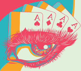 Sticker - vector illustration of Woman eye with poker cards